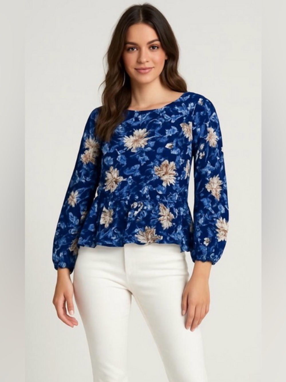 Lucky Brand Floral Ruffle Hem Blouse, Navy, Tan, Size M
